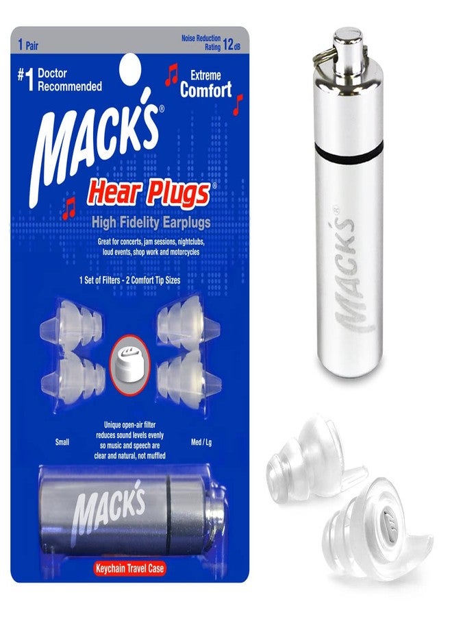 Mack's High Fidelity Ear Plugs for Concerts, Musicians, Motorcycles, Noise Sensitivity - 1 Pair (2 Comfort Tip Sizes) - Clear Hear Plugs with Case - Image 1